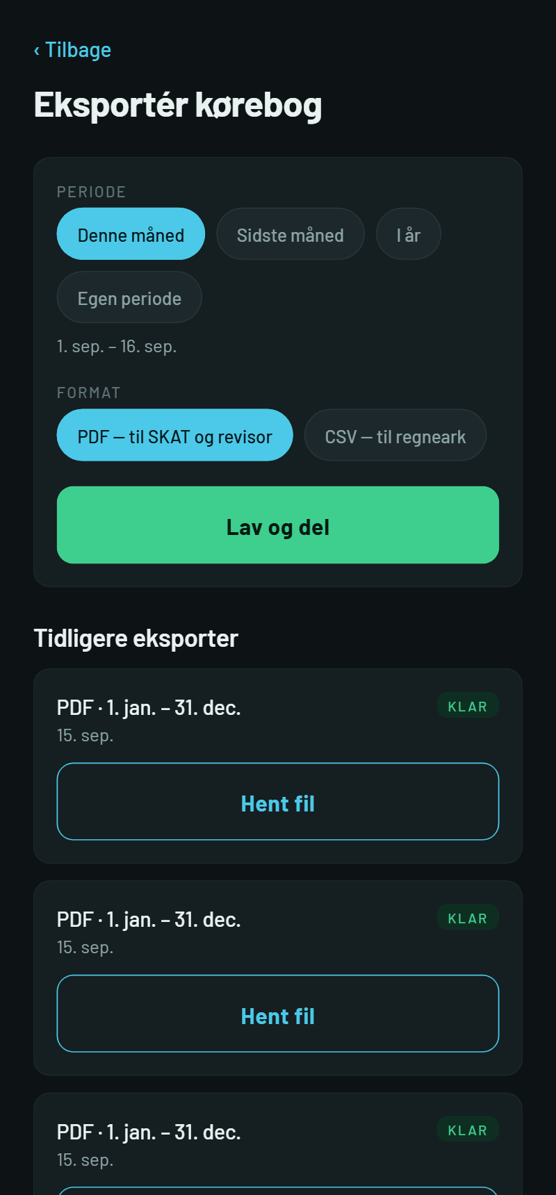 Eksportér kørebog: vælg periode og PDF eller CSV, tryk Lav og del